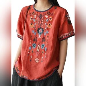 Women's Cotton Embroidered Short Sleeve Boho Mexican Tunic Top Size Small